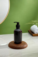 Modern self-care setup with black pump bottle on wooden base, surrounded by towels and tray, in...