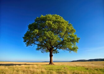 A solitary tree stands tall amidst a vast forest landscape with a clear blue sky above