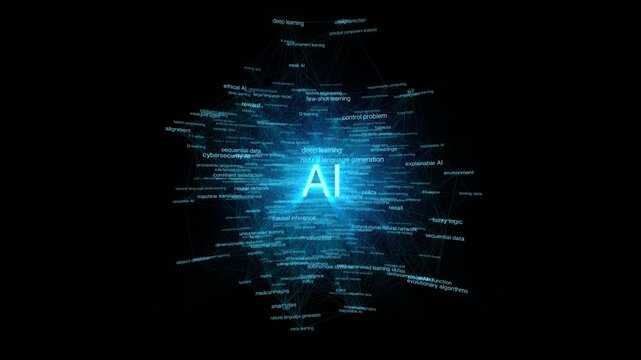 AI knowledge sphere connecting terms like cybersecurity, privacy, and artificial general intelligence. A dense glowing plexus, perfect for abstract tech, science, or ethics visuals. Seamless loop