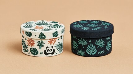 Two round gift boxes featuring a tropical leaf design.