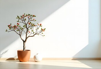 A minimalist interior with a clean white wall and light wood floor. A small potted ornamental tree with thin brown branches and sparse green leaves, accented with small red flowers, stands on the left
