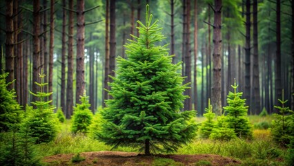 Fototapeta premium Tall Norway spruce tree with dark green needles and a conical shape standing alone in a forest