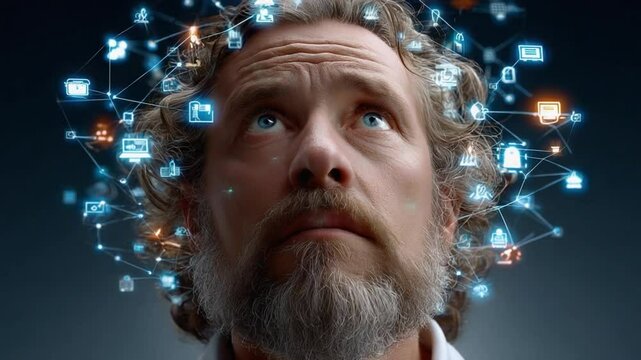 Mind's Network: A man gazes upward, his thoughts visualized with a luminous network of interconnected icons, representing a fusion of technology and cognitive processes.