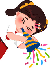 Fototapeta premium Cheerful Cartoon Girl Blowing Party Horn with Confetti.