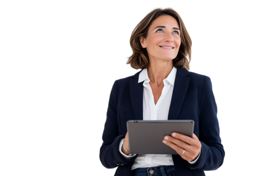 Confident businesswoman holding a tablet, looking up with a hopeful expression.