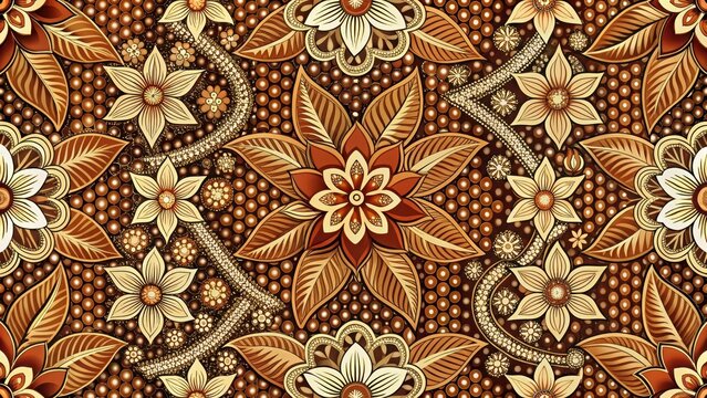 Traditional Indonesian parang batik seamless pattern featuring intricate geometric and floral designs in muted earthy tones