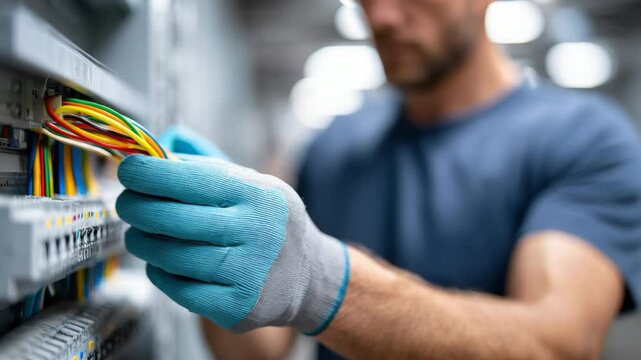 Electrician glove cable wiring electrical panel maintenance safety repair technology�A professional electrician wearing protective gloves is working with colorful electrical wire control panel