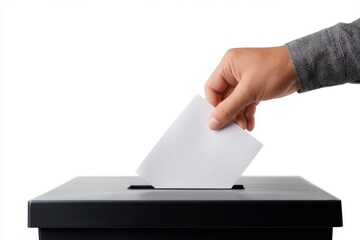 ballot box with hand holding a ballot paper voting on white background