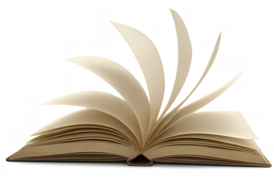 Book pages curving gracefully, creating sculptural form against transparent backdrop, symbolizing knowledge and literary imagination