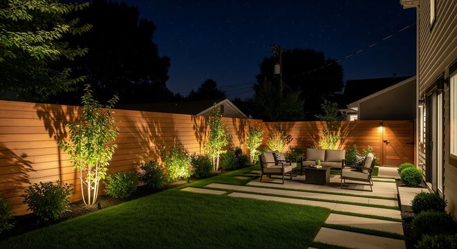 Nighttime backyard scene featuring a modern patio with outdoor furniture, a well-maintained lawn, wood fence, landscape lighting, and lush greenery.