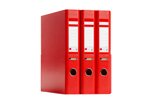 Close up of three red lever arch files. Ideal for office, organization, and storage concepts.
