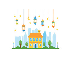 Simple Illustration A village decorated with Ramadan lanterns