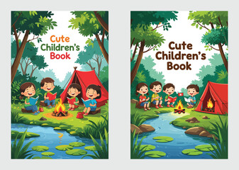Cute Children Playing in Forest Book Cover Illustration
