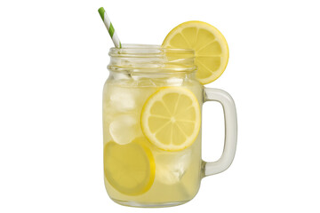 Mason jar containing fresh homemade lemonade, chilled with ice, garnished by lemon slices and paper straw, resting against transparent backdrop