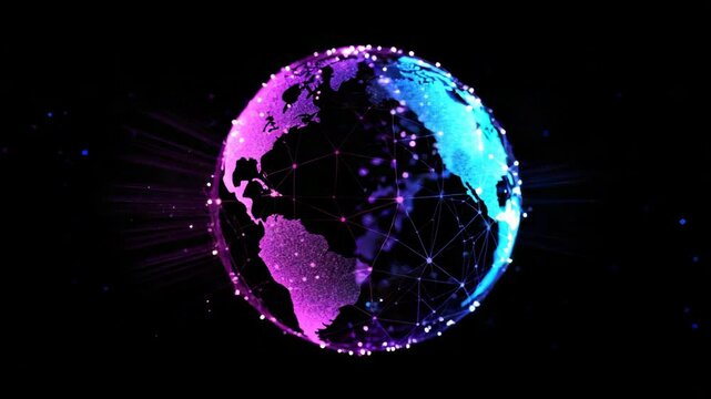 Glowing digital globe network connection technology data futuristic blue and purple abstract earth global communication innovation, digital globe network earth technology data connection glowing - Powered by Adobe