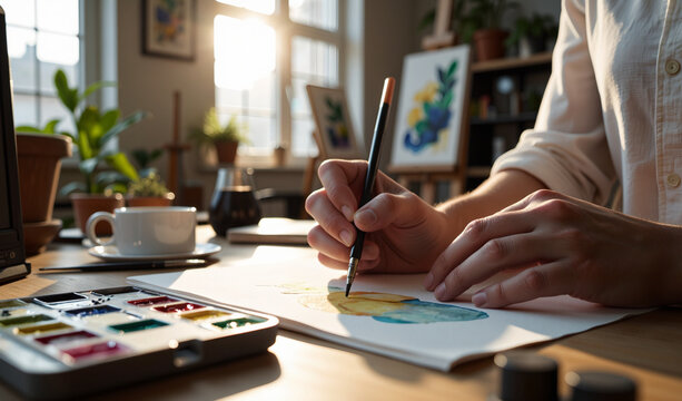 Manos de artista pintando con acuarela sobre papel, pincel y paleta en primer plano, escena creativa con fondo desenfocado y ambiente c&aacute;lido y natural.