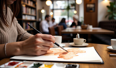 Manos de artista pintando con acuarela sobre papel, pincel y paleta en primer plano, escena creativa con fondo desenfocado y ambiente cálido y natural.