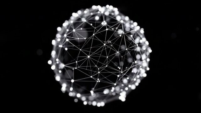 Abstract network sphere with glowing nodes and connecting lines black background, representing digital technology, data communication, and futuristic connection concepts for modern science