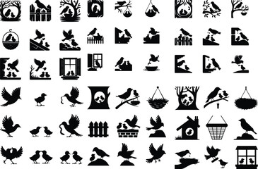 Mother Bird with Baby Chicks Vector Silhouette Set Bird Feeding Chicks Silhouette Set – Nature Care Icon Collection