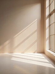 Fototapeta premium A minimalist abstract scene with a gentle light beige background featuring soft shadow projections from natural window light onto the wall surface