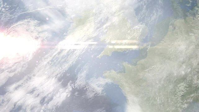 Earth zoom in from space and focus on Redruth, England, South West England, Great Britain. Background for travel intro or blog. Satellite view. 3D style Animation. Images from NASA.