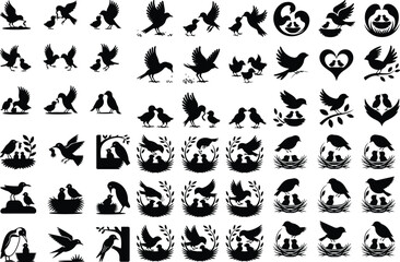 Naklejka premium Mother Bird with Baby Chicks Vector Silhouette Set Bird Feeding Chicks Silhouette Set – Nature Care Icon Collection