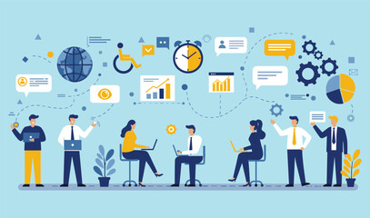 Global Business Team: Collaboration, Communication, and Productivity in a Diverse Work Environment flat vector illustration