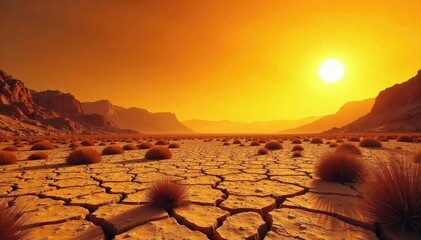A sun-baked landscape under a harsh, cloudless sky Cracked earth, withered vegetation, and intense sunlight depict the severity of a stark summer Heat shimmers above the arid ground , soil, withered
