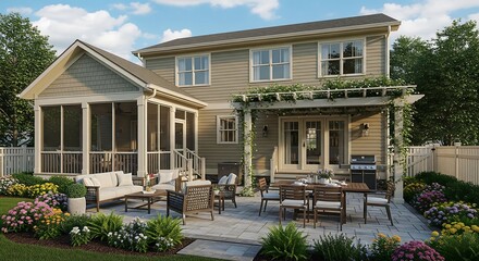 A charming backyard features a screened porch, patio with dining set & grill, & lush garden. A pergola adds character to the houses exterior.
