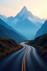 A winding road stretches into the distance, disappearing into a misty mountain range; a solitary journey, a path less traveled, full of mystery and potential , climbing, road, serene