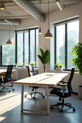Fototapeta premium Bright, modern office space with large windows and stylish pendant lights illuminating clean desks and minimalist decor, creating a productive and inviting atmosphere , bright, light fixtures, clean