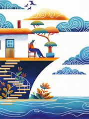 A house near the sea and beach, a person looking out over the ocean, clouds in the sky, decorative gouache illustration