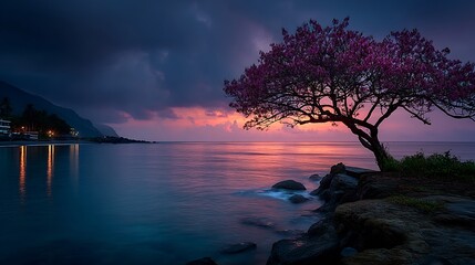 Fototapeta na wymiar Sunrise Beach Tree with Ocean Sunset, and Pink Flower.