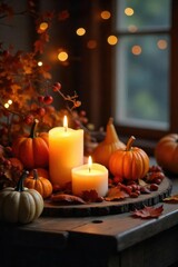 Obraz premium Cozy autumn scene with flickering candlelight illuminating warm-toned seasonal decorations Perfect for fall blogs, websites, and social media A touch of magic in the air , decor, warm light