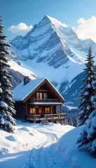 Fototapeta premium Cozy mountain chalet nestled amidst snow-capped peaks, offering breathtaking views and rustic charm Perfect for a winter escape or adventurous getaway , rustic, adventure, forest