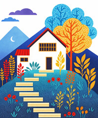 house and tree in the countryside, beautiful woodcut illustration in japanese style