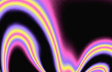 Colorful neon waves forming abstract patterns with noise grain effect flowing on black background with blank space for fluid, flow, electric, psychedelic design illustration
