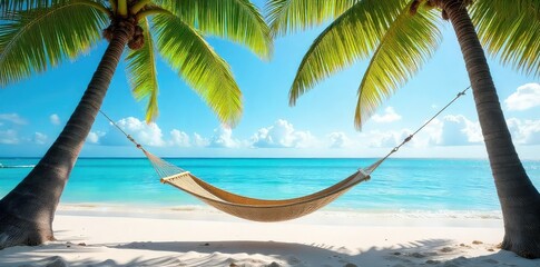 Fototapeta premium Relaxing summer scene with a hammock strung between two palm trees on a pristine beach, gentle waves lapping the shore Perfect for vacation, travel, or relaxation themed projects , summer, carefree
