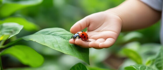 Child's Hand Holding Red Ladybug on Green Leaf in Natural Outdoor Environment
