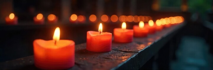 Rows of flickering vigil candlelight illuminate a darkened space, creating a somber yet peaceful atmosphere Perfect for remembrance, reflection, or spiritual themes , solace, dark, spiritual