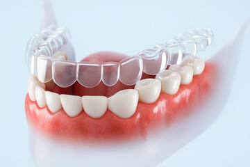 3D rendered close-up of a realistic transparent dental aligner hovering above a set of natural human teeth and pink gums.