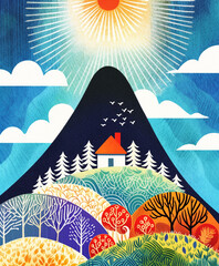Vibrant traditional illustration, European style painting, landscape with house on mountain, a forest and the sun