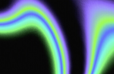 Abstract neon curves waves in vibrant green purple flowing on black background with grainy texture...
