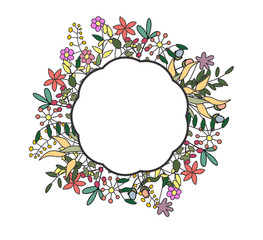 Colorful flower and leaf template design with circle negative area for text. floral circle frame template