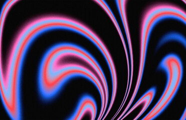 Abstract neon swirls waves patterns glowing on black background with noise grain texture for dynamic backdrop, cover, banner, poster design illustration