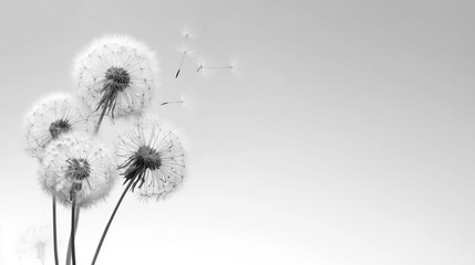 Abstract black and white vector background with dandelions flowers. Vector illustration dandelion time. Black Dandelion seeds blowing in the wind. The wind inflates a dandelion.