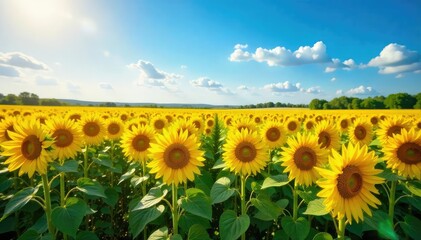 Vast field of sunflowers basking in golden sunlight, tall stalks reaching towards a vibrant blue sky A breathtaking summer landscape perfect for idyllic backgrounds , pattern, petals, blue