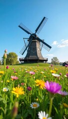 Vibrant springtime scene featuring a classic windmill amidst a field of blooming wildflowers and lush green grass under a bright blue sky Perfect for spring, nature, and rural themes , grass, meadow