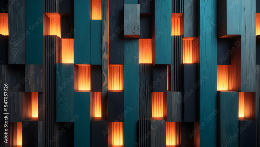 Poster abstract wood paneling with warm light emanating from within its structure and design