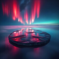 Futuristic Sci-fi Floating Rock Over Mist with Deep Red Aurora